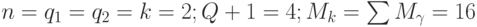 n=q_1=q_2=k=2; Q+1=4;M_k=\sum{M_{\gamma}}=16