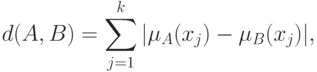 d(A,B)=\sum_{j=1}^k|\mu_A(x_j)-\mu_B(x_j)|,