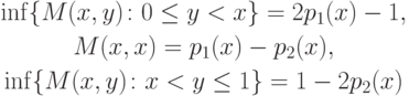 \begin{gathered}
\inf \{M(x,y) \colon 0 \le y < x\} = 2 p_1(x) -1,\\
M(x,x) = p_1(x) - p_2(x),\\
\inf \{M(x,y)\colon x < y \le 1\} = 1 - 2p_2(x)
\end{gathered}
