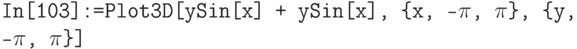 \tt
In[103]:=Plot3D[уSin[x] + уSin[x], \{x, -$\pi$, $\pi$\}, \{у, -$\pi$, $\pi$\}]