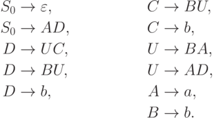 \begin{align*}
S_0 \; & {\to} \; \varepsilon , & C \; & {\to} \; BU , \\
S_0 \; & {\to} \; AD , & C \; & {\to} \; b , \\
D \; & {\to} \; UC , & U \; & {\to} \; BA , \\
D \; & {\to} \; BU , & U \; & {\to} \; AD , \\
D \; & {\to} \; b , & A \; & {\to} \; a , \\
& & B \; & {\to} \; b .
\end{align*}