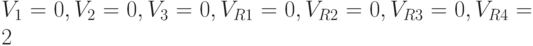 V_1 = 0, V_2 = 0, V_3 = 0, V_{R1} = 0, V_{R2} = 0, V_{R3} = 0, V_{R4} = 2