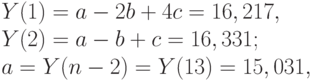Y(1) = a - 2b + 4c = 16,217,\\
			Y(2) = a - b + c = 16,331;\\
		a = Y(n - 2) = Y(13) = 15,031,