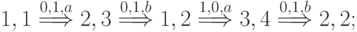 1,1  \stackrel{0,1,a}{\Longrightarrow} 2,3 \stackrel{0,1,b}{\Longrightarrow} 1,2 \stackrel{1,0,a}{\Longrightarrow} 3,4 \stackrel{0,1,b}{\Longrightarrow} 2,2;