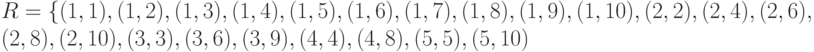 \begin{array}{l}
R = \left\{ {(1, 1), (1, 2), (1, 3), (1, 4), (1, 5), (1, 6), (1, 7), (1, 8), (1, 9),  (1, 10), (2, 2), (2, 4), (2, 6),\\
(2, 8), (2, 10), (3, 3), (3, 6), (3, 9), (4, 4), (4, 8), (5, 5), (5, 10)} \right\}\\
\end{array}