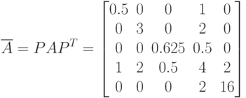 \overline A=PAP^T=\begin{bmatrix}
0.5 &0 & 0& 1& 0 \\
0 & 3& 0& 2& 0\\
0 &0 &0.625 & 0.5& 0 \\
1 & 2& 0.5& 4& 2\\
0 & 0& 0& 2& 16\\
\end{bmatrix}