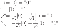 \to=|0\rangle =" 0" \\
\uparrow = |1\rangle =" 1" ,\\
\nearrow=\frac{1}{\sqrt 2}|0\rangle +\frac{1}{\sqrt 2}|1\rangle =" 0" ,\\
\nwarrow=-\frac{1}{\sqrt 2}|0\rangle +\frac{1}{\sqrt 2}|1\rangle =" 1" 