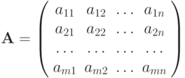 mathbf= left( begin<array> <cccc>a_ <11>& a_ <12>& ldots & a_ <1n>\ a_ <21>& a_ <22>& ldots & a_<2n>\ ldots & ldots & ldots & ldots \ a_ <m1>& a_ <m2>& ldots & a_<mn>\ end <array>right) 