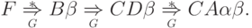 F \overstar{\myunderset{ G }{ \Rightarrow }} B \beta
 \myunderset{ G }{ \Rightarrow } C D \beta
 \overstar{\myunderset{ G }{ \Rightarrow }} C A \alpha \beta .