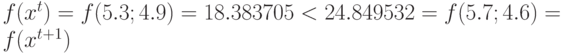 f(x^t)=f(5.3;4.9)=18.383705<24.849532=f(5.7;4.6)=f(x^{t+1})