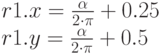 r1.x=\frac{\alpha}{2\cdot \pi}+0.25\\
r1.y=\frac{\alpha}{2\cdot \pi}+0.5
