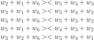 w_2+w_1+w_6 >< w_5+w_4+w_3\\
w_3+w_1+w_6 >< w_5+w_4+w_2\\
w_4+w_1+w_6 >< w_5+w_3+w_2\\
w_5+w_1+w_6 >< w_4+w_3+w_2\\
w_3+w_2+w_6 >< w_5+w_4+w_1
