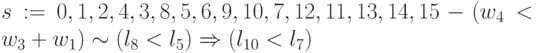 s:= 0, 1,2,4, 3, 8, 5, 6, 9,10, 7,12,11, 13,14, 15 - (w_{4}< w_{3}+w_{1}) \sim (l_{8} < l_5) \Rightarrow (l_{10} < l_{7})
