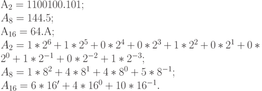 А_2 =1100100.101;\\
A_8=144.5;\\
А_{16} = 64.А;\\
A_2=1*2^6+1*2^5+0*2^4+0*2^3+1*2^2+0*2^1+0*2^0+1*2^{-1}+0*2^{-2}+1*2^{-3};\\
A_8 =1*8^2+4*8^1+4*8^0+5*8^{-1};\\
A_{16} =6*16'+4*16^0+10*16^{-1}.