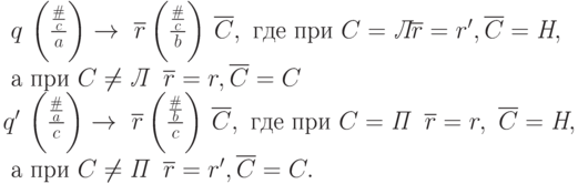 \ q\,\left(\frac{\frac{\#}{c}}{a}\right) \rightarrow\ \overline{r}
 \left(\frac{\frac {\#}{c}}{b}\right)\,\overline{C}, \mbox{ где при } C=\textit{Л} \overline{r}=r^\prime, \overline{C}= \textit{Н},\\
 \mbox {  а при } C\neq \textit{Л}\ \ \overline{r}=r, \overline{C}= C \\
\ q^\prime\,\left(\frac{\frac{\#}{a}}{c}\right) \rightarrow\ \overline{r}
 \left(\frac{\frac {\#}{b}}{c}\right)\,\overline{C},
 \mbox{ где при }C=\textit{П}\ \ \overline{r}=r,\ \overline{C}= \textit{Н},\\ 
  \mbox{ а при } C\neq \textit{П}\ \ \overline{r}=r^\prime, \overline{C}= C.