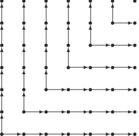 \begin{picture}(120,120)
\multiput(0,0)(20,0){7}%
{\multiput(0,0)(0,20){7}{\put(0,0){\circle*{3}}}}
\multiput(0,0)(20,0){6}{\put(0,0){\vector(1,0){18}}}
\multiput(0,0)(0,20){6}{\put(0,0){\vector(0,1){18}}}
\multiput(20,20)(20,0){5}{\put(0,0){\vector(1,0){18}}}
\multiput(20,20)(0,20){5}{\put(0,0){\vector(0,1){18}}}
\multiput(40,40)(20,0){4}{\put(0,0){\vector(1,0){18}}}
\multiput(40,40)(0,20){4}{\put(0,0){\vector(0,1){18}}}
\multiput(60,60)(20,0){3}{\put(0,0){\vector(1,0){18}}}
\multiput(60,60)(0,20){3}{\put(0,0){\vector(0,1){18}}}
\multiput(80,80)(20,0){2}{\put(0,0){\vector(1,0){18}}}
\multiput(80,80)(0,20){2}{\put(0,0){\vector(0,1){18}}}
\put(100,100){\vector(1,0){18}}
\put(100,100){\vector(0,1){18}}
\end{picture}