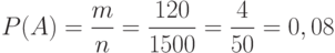 P(A)= \frac m n = \frac {120} {1500}=\frac 4 {50}=0,08