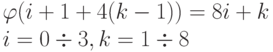 \varphi (i + 1 + 4(k - 1)) = 8i + k 
\\
i = 0 \div  3, k = 1 \div  8
