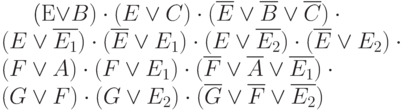 
(E\vee B)\cdot(E\vee C)\cdot(\overline{E}\vee\overline{B}\vee\overline{C})\cdot\\
(E\vee\overline{E_1})\cdot(\overline{E}\vee E_1)\cdot(E\vee\overline{E_2})\cdot(\overline{E}\vee E_2)\cdot\\
(F\vee A)\cdot(F\vee E_1)\cdot(\overline{F}\vee\overline{A}\vee\overline{E_1})\cdot\\
(G\vee F)\cdot(G\vee E_2)\cdot(\overline{G}\vee\overline{F}\vee\overline{E_2})