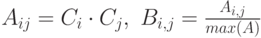 A_{ij}=C_i\cdot C_j,\ B_{i,j}=\frac{A_{i,j}}{max(A)}