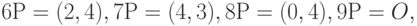 6Р = (2, 4), 7Р = (4, 3), 8Р = (0, 4), 9Р = O,