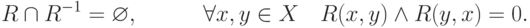 R \cap R^{ - 1}  = \varnothing ,\quad \quad \quad \forall
x,y \in X\quad R(x,y) \wedge R(y,x) = 0
.