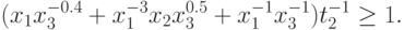 (x_{1}x_{3}^{-0.4}+x_{1}^{-3}x_{2}x_{3}^{0.5}+x_{1}^{-1}x_{3}^{-1}) t_{2}^{-1}\geq
  1.