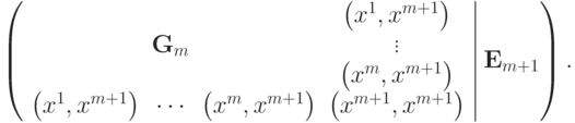 \left( {\left. {\begin{array}{*{20}c}
   & & & {\left( {x^1 ,x^{m + 1} } \right)} \\
   & {{\bf{G}}_m } & & \vdots \\
   & & & {\left( {x^m ,x^{m + 1} } \right)} \\
  {\left( {x^1 ,x^{m + 1} } \right)} & \cdots  & {\left( {x^m ,x^{m + 1} } \right)} & {\left( {x^{m + 1} ,x^{m + 1} } \right)} \\
\end{array}} \right|{\bf{E}}_{m + 1} } \right)
.