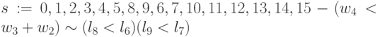 s:= 0, 1, 2, 3, 4, 5, 8, 9, 6, 7, 10,11, 12,13,14, 15 - 
(w_{4} < w_{3}+w_{2}) \sim (l_{8} < l_6)\Rghtarrow (l_{9} < l_{7})