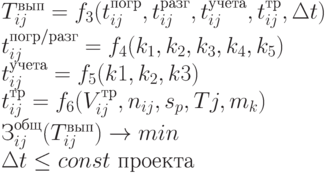 T_{ij}^{вып} = f _{3}(t_{ij}^{погр}, t_{ij}^{разг}, t_{ij}^{учета}, t_{ij}^{тр}, \Delta t)\\
t_{ij}^{погр/разг }= f _{4}( k _{1}, k _{2}, k _{3}, k _{4}, k_{5})\\
t_{ij} ^{учета} = f_{5}(k1, k_{2} ,k3)\\
t_{ij} ^{тр} = f _{6}(V_{ij}^{тр}, n_{ij}, s_{p}, Tj, m_{k})\\
З_{ij}^{общ}( T_{ij}^{вып}) \to  min \\
\Delta t \le  const\text{ проекта}
