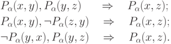 \begin{gathered}
P_\alpha (x,y),P_\alpha (y,z)\quad \;\; \Rightarrow \quad P_\alpha (x,z);
\hfill \\
P_\alpha (x,y),\neg P_\alpha (z,y)\quad \Rightarrow \quad P_\alpha
(x,z); \hfill \\
\neg P_\alpha (y,x),P_\alpha (y,z)\quad \Rightarrow \quad P_\alpha
(x,z). \hfill \\
\end{gathered}