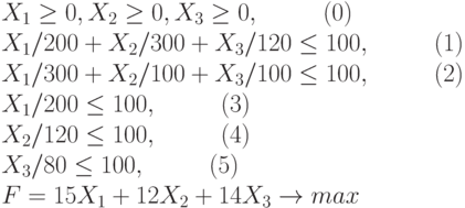 
X_1 \ge 0 , X_2  \ge 0 , X_3  \ge 0 ,	\ \ \ \ \ \ \ \ (0)\\
X_1 / 200  + X_2  / 300 + X_3  / 120 \le 100 ,	\ \ \ \ \ \ \ \ (1)\\
X_1  / 300  + X_2  / 100 + X_3  / 100 \le 100 ,	\ \ \ \ \ \ \ \ (2)\\
X_1 / 200 \le 100 ,		\ \ \ \ \ \ \ \ (3)\\
X_2 / 120  \le 100 ,		\ \ \ \ \ \ \ \ (4)\\
X_3 / 80  \le 100 ,		\ \ \ \ \ \ \ \ (5)\\
F = 15 X_1+ 12 X_2  + 14 X_3 \to max
