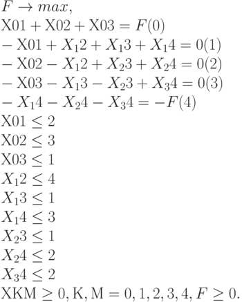 F  & \to  max ,\\
Х01 &+ Х02  + Х03 = F			&(0)\\
- Х01 &+ X_12  + X_13  + X_14  = 0	&&&&(1)\\
- Х02  &- X_12  + X_23  + X_24  = 0	&&&&(2)\\
- Х03 & - X_13  - X_23  + X_34  = 0	&&&&(3)\\
- X_14 & - X_24  - X_34    = - F	&&&&(4)\\
Х01  &\le  2\\
Х02  &\le  3\\
Х03  &\le  1\\
X_12 & \le  4\\
X_13 & \le  1\\
X_14 & \le  3\\
X_23  &\le  1\\
X_24  &\le  2\\
X_34 & \le  2\\
ХКМ  &\ge 0 , К, М = 0, 1, 2, 3, 4, &&&&	F \ge 0 .
