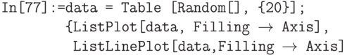 \tt 
In[77]:=data = Table [Random[], \{20\}];\\
\phantom{In[77]:=}\{ListPlot[data, Filling $\to$ Axis], \\
\phantom{In[77]:=d}ListLinePlot[data,Filling $\to$ Axis]}