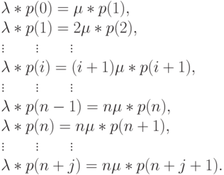 \lambda *p(0)=\mu *p(1),\\
\lambda *p(1)=2 \mu *p(2),\\
\qquad \qquad \vdots \qquad \vdots \qquad \vdots\\
\lambda * p(i)=(i+1) \mu * p(i+1),\\
\qquad \qquad \vdots \qquad \vdots \qquad \vdots\\
\lambda *p(n-1)=n \mu *p(n),\\
\lambda*p(n)=n \mu*p(n+1),\\
\qquad \qquad \vdots \qquad \vdots \qquad \vdots\\
\lambda*p(n+j)=n \mu*p(n+j+1).