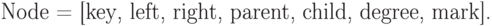 \eq*{
{\rm Node} = [{\rm key}, {\rm left},
{\rm right}, {\rm parent}, {\rm child}, {\rm degree}, {\rm mark}].
}