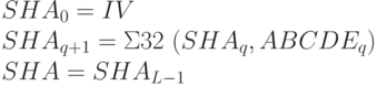 SHA_{0} = IV
\\
SHA_{q+1} = \Sigma 32 \ (SHA_{q} , ABCDE_{q} )
\\
SHA = SHA_{L-1}