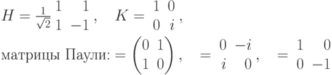 & & H&=\frac{1}{\sqrt2}\leftp\begin{array}{rr}
			1&1\\1&-1\end{array}\rightp,
			\quad
			K=\leftp\begin{array}{rr} 1&0\\0&i\end{array}\rightp,\\
			\text{матрицы Паули:}& & \sx&=\begin{pmatrix}0&1\\1&0\end{pmatrix},\quad
			\sy=\leftp\begin{array}{rr}0&-i\\ i&0\end{array}\rightp,\quad
			\sz=\leftp\begin{array}{rr}1&0\\0&-1\end{array}\rightp