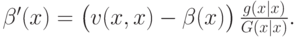 \beta^\prime(x) = \left(\vphantom{1^2}v(x,x) - \beta(x)\right)\frac{g(x|x)}{G(x|x)}.