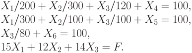 X_1  / 200  + X_2  / 300 + X_3  / 120  + X_4  = 100 ,\\
X_1  / 300  + X_2  / 100 + X_3  / 100  + X_5  = 100 ,\\
X_3 / 80  +  X_6  = 100 ,\\
15 X_1+ 12 X_2  + 14 X_3  =  F.