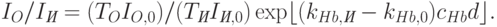 I_O/I_{\textit{И}}=(T_OI_{O,0})/(T_{\textit{И}}I_{\textit{И},0}) \exp\lfloor(k_{Hb,\textit{И}}-k_{Hb,0})c_{Hb}d\rfloor.