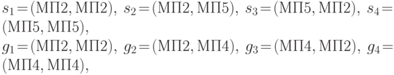 s_1 \!=\! (\text{МП2},\text{МП2}),\ s_2 \!=\! (\text{МП2},\text{МП5}),\
s_3 \!=\! (\text{МП5},\text{МП2}),\ s_4 \!=\! (\text{МП5},\text{МП5}),\\
g_1 \!=\! (\text{МП2},\text{МП2}),\ g_2 \!=\! (\text{МП2},\text{МП4}),\
g_3 \!=\! (\text{МП4},\text{МП2}),\ g_4 \!=\! (\text{МП4},\text{МП4}),