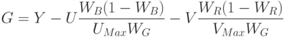 G = Y - U\frac{W_{B}(1 - W_{B})}{U_{Max}W_{G}} - V\frac{W_{R}(1-W_{R})}{V_{Max}W_{G}}