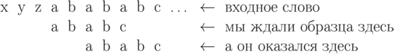 {\setlength{\tabcolsep}{.8\tabcolsep}

\begin{tabular}{llllllllllllll}
 x& y& z& a& b& a& b& a& b& c&
 \ldots&\leftarrow&входное слово\\
   &   &   & a& b& a& b& c& & &
&\leftarrow&мы ждали
      образца здесь\\
   &   &   &   &   & a& b& a& b& c&
&\leftarrow&а он
 оказался здесь\\
\end{tabular}