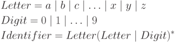 \begin{aligned}& Letter = a \mid b \mid c \mid \ldots \mid x \mid y \mid z\\
& Digit=0 \mid 1 \mid \ldots \mid 9 \\
& Identifier = Letter(Letter \mid Digit)^*\\
\end{aligned}
