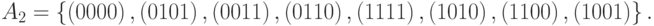 {A}_{2}=\left\{\left(0000\right),\left(0101\right),\left(0011\right),\left(0110\right),\left(1111\right),\left(1010\right),\left(1100\right),\left(1001\right)\right\}.