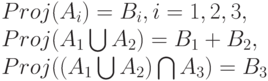 Proj(A_i)=B_i, i=1,2,3,\\
Proj(A_1 \bigcup A_2)=B_1+B_2,\\
Proj((A_1 \bigcup A_2) \bigcap A_3)=B_3