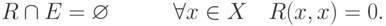 R \cap E = \varnothing \quad \quad \quad \forall x \in
X\quad R(x,x) = 0
.