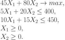 45 X_1&+ 80 X_2  \to max ,\\
5 X_1&+ 20 X_2  \le 400 ,\\
10 X_1&+ 15 X_2  \le 450 ,\\
X_1 & \ge 0 ,\\
X_2  &\ge 0.