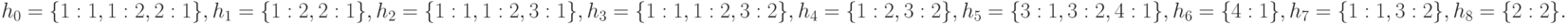 
h_0=\{1:1,1:2,2:1\},\\
h_1=\{1:2,2:1\},\\
h_2=\{1:1,1:2,3:1\},\\
h_3=\{1:1,1:2,3:2\},\\
h_4=\{1:2,3:2\},\\
h_5=\{3:1,3:2,4:1\},\\
h_6=\{4:1\},\\
h_7=\{1:1,3:2\},\\
h_8=\{2:2\}.